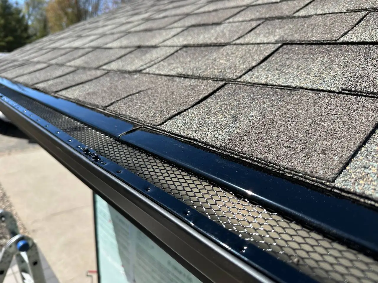 Close-up of durable black mesh gutter guards installed on a residential roof in Delano to prevent clogs.