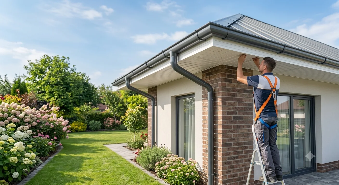 Panda Gutters & Gutter Guards specialist safely inspecting roofline and soffit system with full harness gear