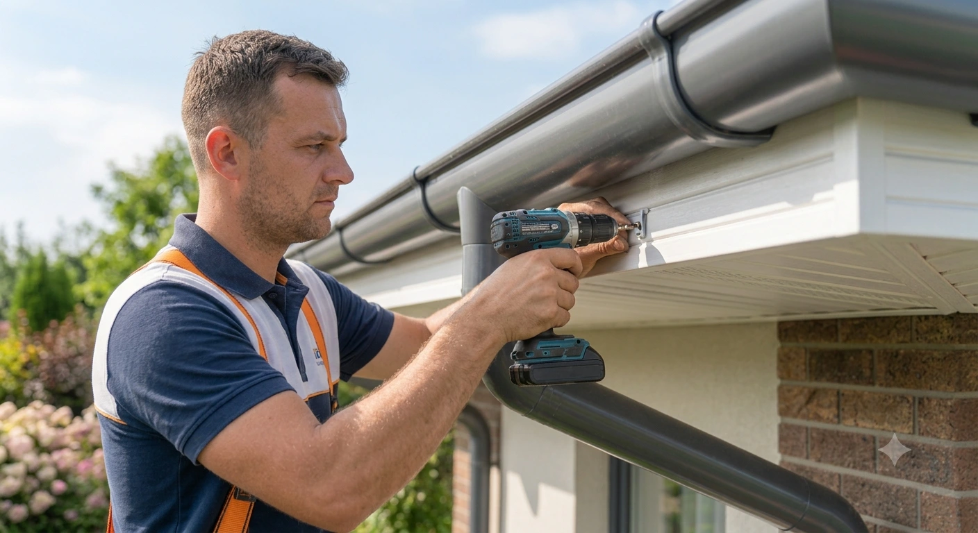 Craftsman securing heavy-duty metal brackets and fresh fascia board under residential eave