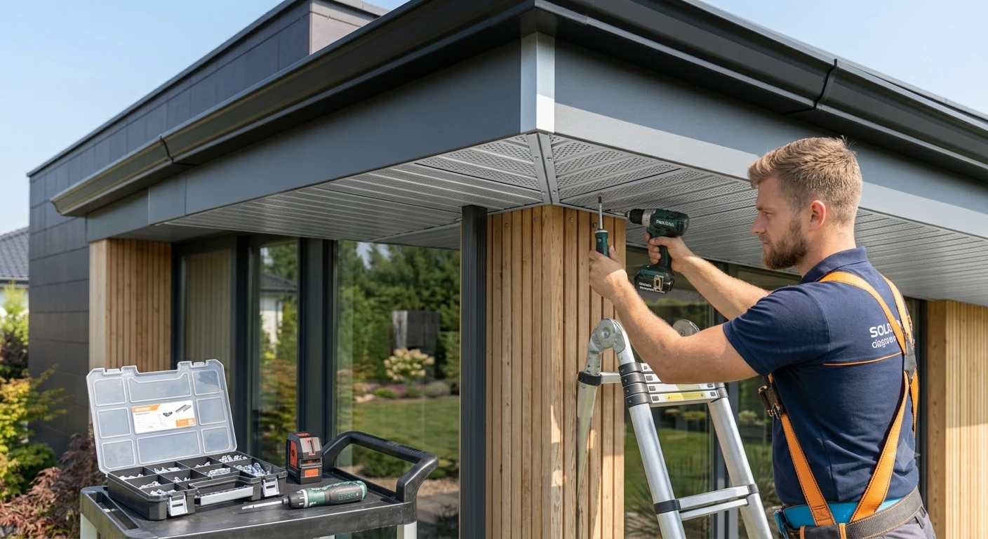 Installing heavy-gauge aluminum soffit panels on modern home overhang in Minnesota
