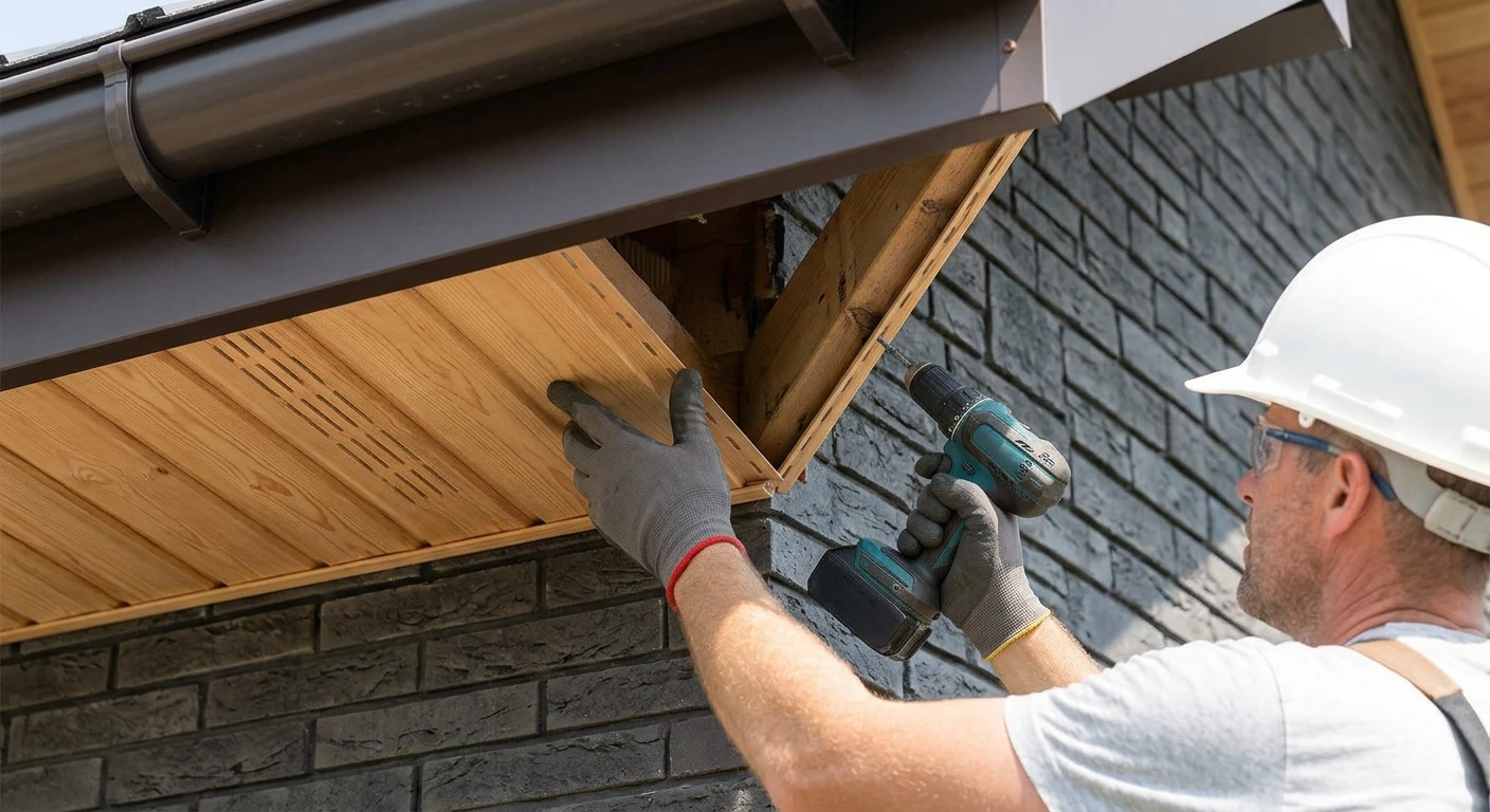 Professional installer mounting vented soffit panels under roof eave in Minnesota