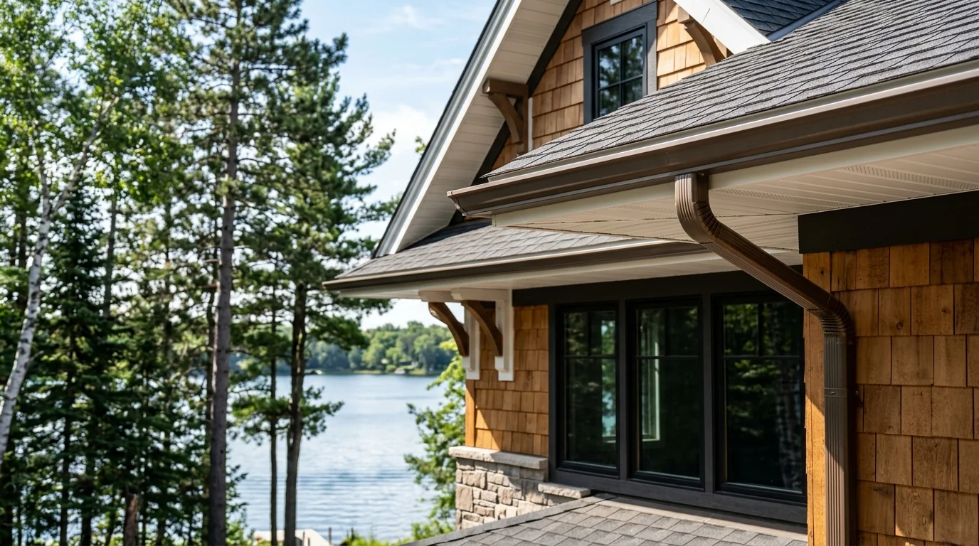 Lakefront Minnesota home roof overhang with vented aluminum soffit and heavy-duty bronze gutters