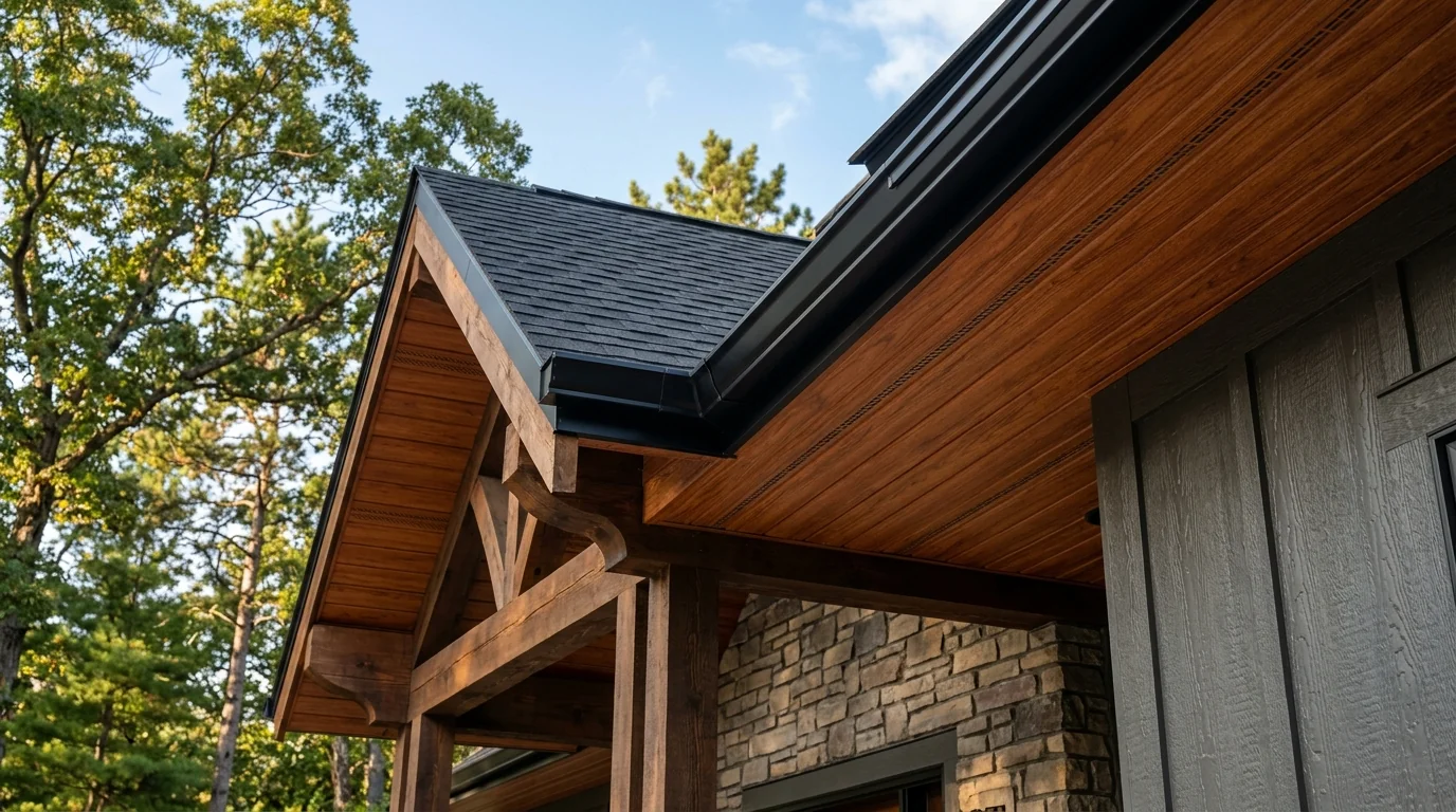 Craftsman home with warm natural cedar-finish aluminum soffit panels and seamless matte black gutters