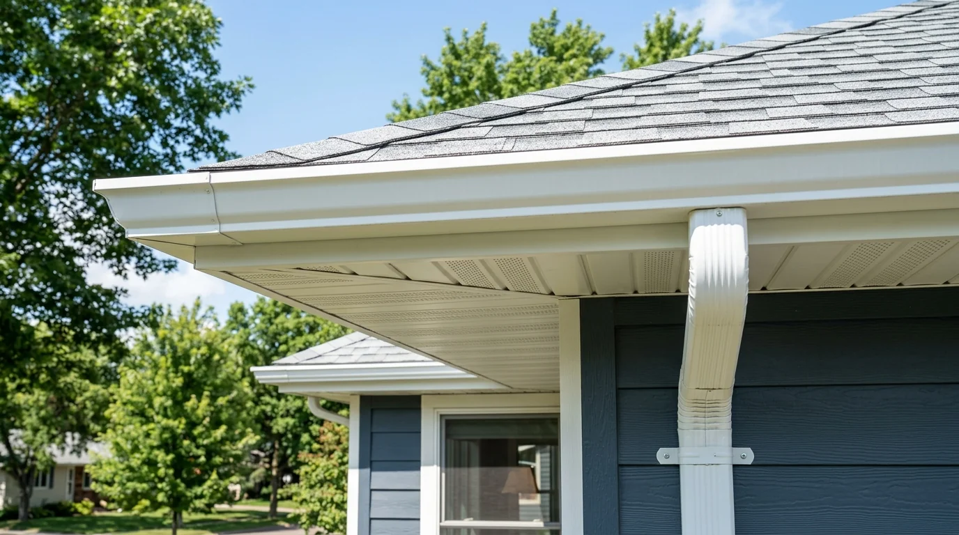 Clean crisp white aluminum-wrapped fascia and vented soffit on suburban Minnesota home