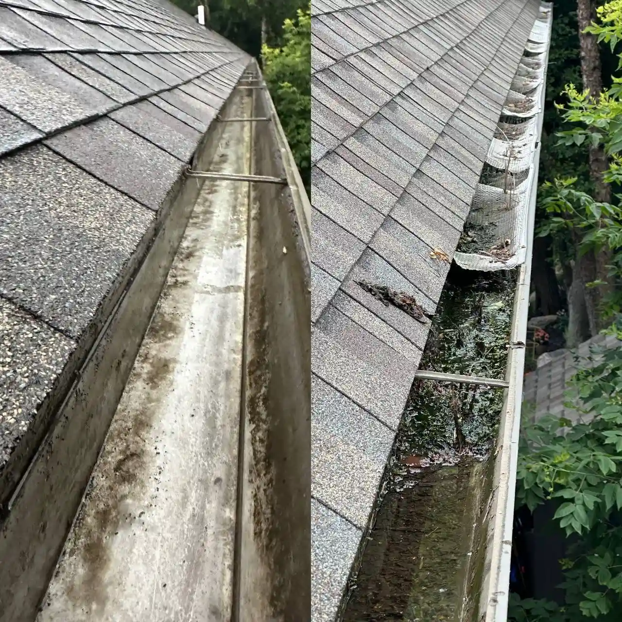 Clogged gutters with debris before professional cleaning service in Minnesota
